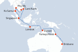 Carte de l'itinéraire de croisière Singapour-Brisbane d'une durée de 22 jours