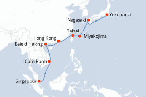 Carte de l'itinéraire de croisière Singapour-Yokohama d'une durée de 14 jours
