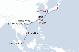 Carte de l'itinéraire de croisière Singapour-Tokyo d'une durée de 14 jours