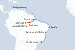 Carte de l'itinéraire de croisière Bridgetown-Rio de Janeiro d'une durée de 20 jours