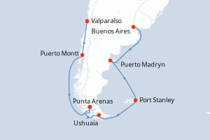 Carte de l'itinéraire de croisière Buenos Aires-Valparaíso d'une durée de 16 jours
