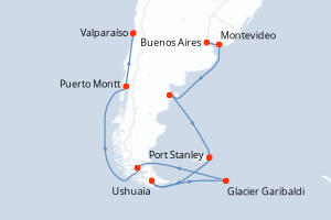 Carte de l'itinéraire de croisière Buenos Aires-Valparaíso d'une durée de 18 jours