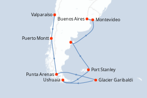 Carte de l'itinéraire de croisière Valparaíso-Buenos Aires d'une durée de 18 jours
