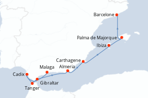 Carte de l'itinéraire de croisière Malaga-Barcelone d'une durée de 8 jours