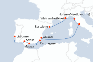 Carte de l'itinéraire de croisière Barcelone-Lisbonne d'une durée de 10 jours