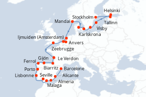 Carte de l'itinéraire de croisière Stockholm-Barcelone d'une durée de 24 jours