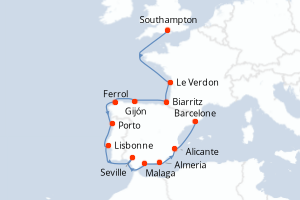 Carte de l'itinéraire de croisière Southampton-Barcelone d'une durée de 12 jours