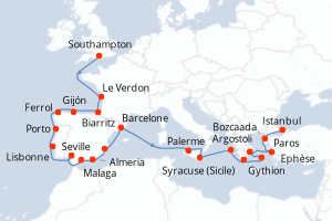 Carte de l'itinéraire de croisière Southampton-Istanbul d'une durée de 22 jours