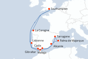Carte de l'itinéraire de croisière Southampton-Southampton d'une durée de 14 jours
