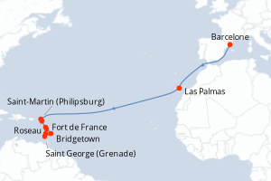 Carte de l'itinéraire de croisière Barcelone-Fort de France d'une durée de 17 jours