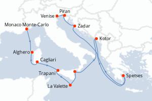 Carte de l'itinéraire de croisière Monaco Monte-Carlo-Venise d'une durée de 12 jours
