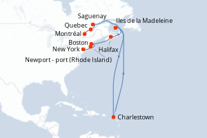 Carte de l'itinéraire de croisière Montréal-New York d'une durée de 11 jours