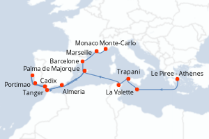 Carte de l'itinéraire de croisière Le Piree - Athenes-Monaco Monte-Carlo d'une durée de 17 jours