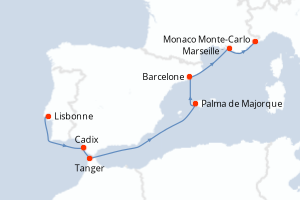 Carte de l'itinéraire de croisière Lisbonne-Monaco Monte-Carlo d'une durée de 7 jours