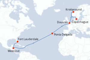Carte de l'itinéraire de croisière Fort Lauderdale-Copenhague d'une durée de 15 jours