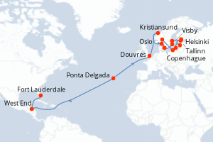 Carte itinéraire croisière Gran Ruta Escandinava y Báltica desde Am - 27 jours au départ de Fort Lauderdale - Transatlantique