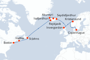 Carte de l'itinéraire de croisière Copenhague-Boston d'une durée de 16 jours