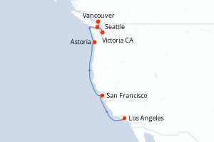 Carte de l'itinéraire de croisière Los Angeles-Vancouver d'une durée de 7 jours