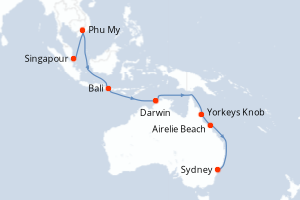 Carte de l'itinéraire de croisière Singapour-Sydney d'une durée de 18 jours