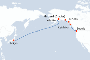 Carte de l'itinéraire de croisière Seattle-Tokyo d'une durée de 16 jours