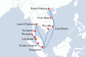 Carte de l'itinéraire de croisière Singapour-Singapour d'une durée de 21 jours