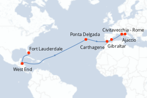 Carte de l'itinéraire de croisière Fort Lauderdale-Civitavecchia - Rome d'une durée de 15 jours