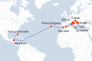 Carte itinéraire croisière Gran aventura por el Mediterráneo Occide - 25 jours au départ de Fort Lauderdale - Transatlantique