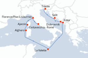 Carte de l'itinéraire de croisière Civitavecchia - Rome-Trieste d'une durée de 10 jours