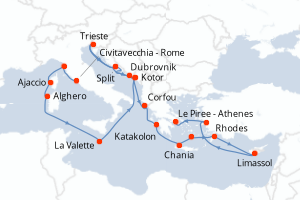 Carte de l'itinéraire de croisière Civitavecchia - Rome-Le Piree - Athenes d'une durée de 21 jours
