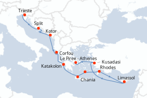 Carte de l'itinéraire de croisière Trieste-Le Piree - Athenes d'une durée de 11 jours
