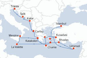 Carte de l'itinéraire de croisière Trieste-Istanbul d'une durée de 21 jours