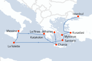 Carte de l'itinéraire de croisière Le Piree - Athenes-Istanbul d'une durée de 10 jours