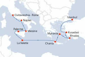 Carte de l'itinéraire de croisière Istanbul-Civitavecchia - Rome d'une durée de 11 jours