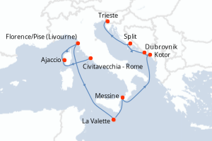 Carte de l'itinéraire de croisière Civitavecchia - Rome-Trieste d'une durée de 10 jours