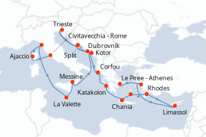 Carte de l'itinéraire de croisière Civitavecchia - Rome-Le Piree - Athenes d'une durée de 21 jours