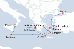 Carte de l'itinéraire de croisière Le Piree - Athenes-Istanbul d'une durée de 10 jours