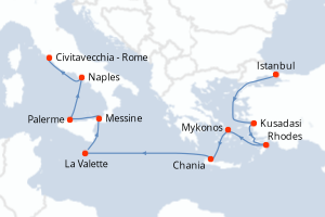 Carte de l'itinéraire de croisière Istanbul-Civitavecchia - Rome d'une durée de 11 jours