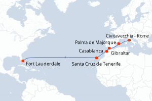 Carte de l'itinéraire de croisière Civitavecchia - Rome-Fort Lauderdale d'une durée de 15 jours