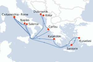 Carte itinéraire croisière Mediterráneo, Egeo y Adriático - 14 jours au départ de Civitavecchia - Rome - Méditerranée