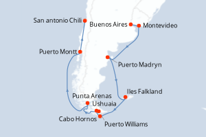 Carte de l'itinéraire de croisière Buenos Aires-San antonio Chili d'une durée de 15 jours
