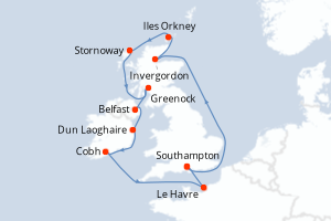 Carte de l'itinéraire de croisière Southampton-Southampton d'une durée de 12 jours