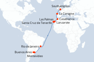 Carte de l'itinéraire de croisière Buenos Aires-Southampton d'une durée de 22 jours
