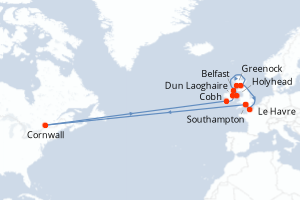 Carte de l'itinéraire de croisière Southampton-Southampton d'une durée de 12 jours