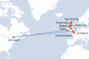 Carte de l'itinéraire de croisière Southampton-Southampton d'une durée de 12 jours