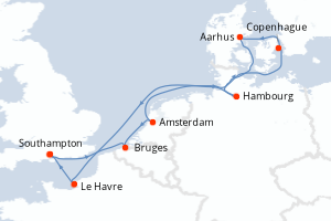 Carte de l'itinéraire de croisière Southampton-Southampton d'une durée de 10 jours