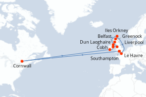 Carte de l'itinéraire de croisière Southampton-Southampton d'une durée de 12 jours