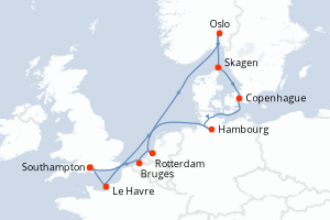 Carte de l'itinéraire de croisière Southampton-Southampton d'une durée de 12 jours