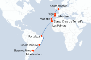 Carte de l'itinéraire de croisière Southampton-Buenos Aires d'une durée de 22 jours