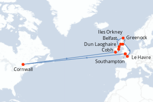 Carte de l'itinéraire de croisière Southampton-Southampton d'une durée de 12 jours