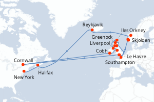 Carte itinéraire croisière Gran Aventura en Fuego, Hielo y las Isla - 26 jours au départ de Southampton - Transatlantique
